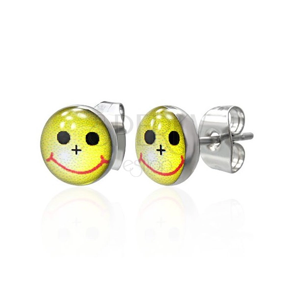 Small round steel earrings - yellow smiley