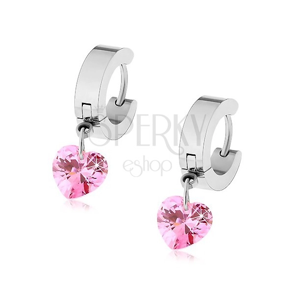 Hinged snap earrings made of surgical steel with pink zircon heart