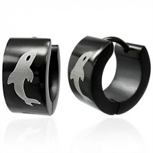 Black steel earrings with dolphin in silver hue, hinged snap
