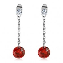 Earrings made of 316L steel with large red zircon on a chain