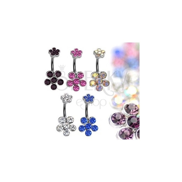 Steel belly button ring ended with zircon flowers
