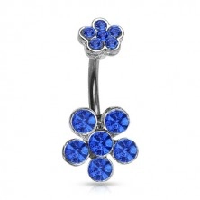 Steel belly button ring ended with zircon flowers