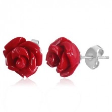 Earrings made of surgical steel, coral red blooming rose made of acrylic