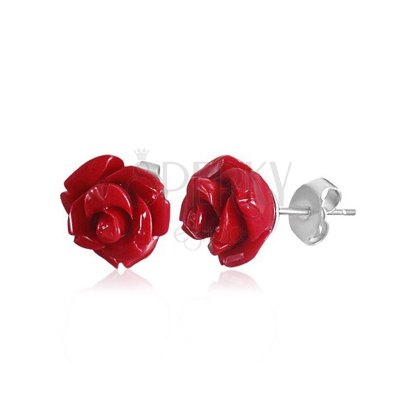 Earrings made of surgical steel, coral red blooming rose made of acrylic