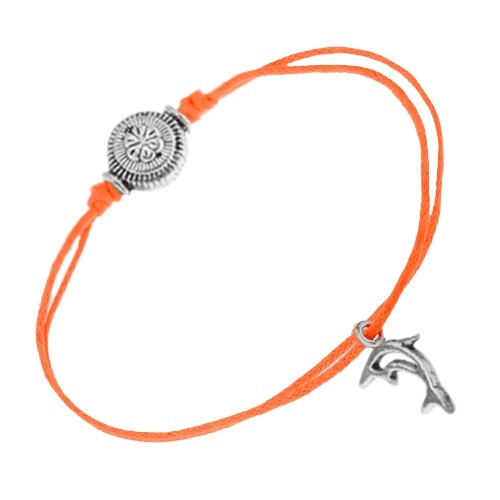 Orange string wrist bracelet, outline of dolphin and grooved ball