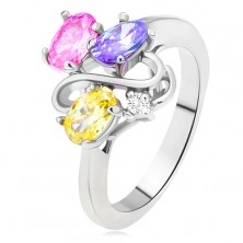 Shiny ring - colourful oval zircons, double S line, clear stone