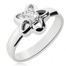 Steel ring in silver colour, flower contour with clear zircon