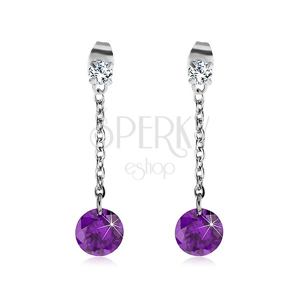 Earrings made of 316L steel with large violet zircon on a chain