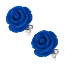 Steel earrings, dark blue rose flower, stud closure, 20 mm