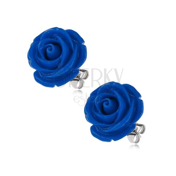 Steel earrings, dark blue rose flower, stud closure, 20 mm