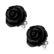 Steel earrings, black resin rose flower, stud closure, 20 mm