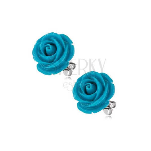 Stud earrings made of surgical steel, blue rose in bloom, 14 mm