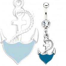 Steel belly bar - blue anchor with rope, clear rhinestone