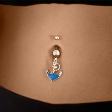 Steel belly bar - blue anchor with rope, clear rhinestone