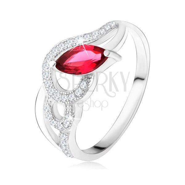 925 Silver ring, zircon and smooth waves, red grain-shaped rhinestone