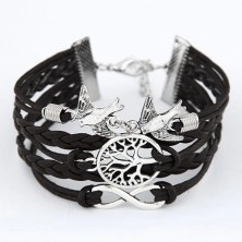 Black multipart bracelet - strings, braids, tree, doves, infinity symbol