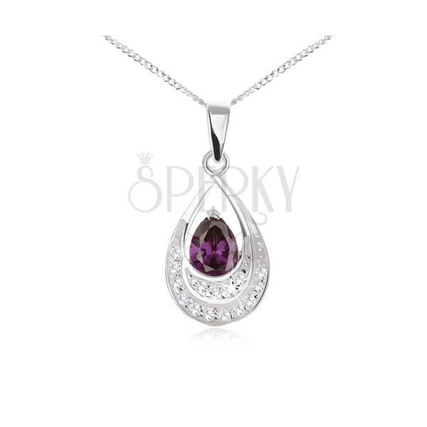 Necklace made of 925 silver - chain, teardrop with dark purple zircon