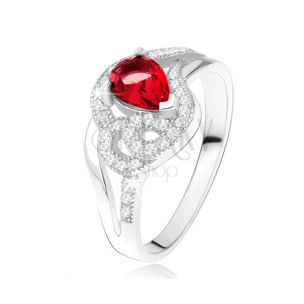 Ring made of 925 silver, ruby tear-shaped stone, wavy zircon lines