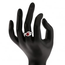 Ring made of 925 silver, ruby tear-shaped stone, wavy zircon lines