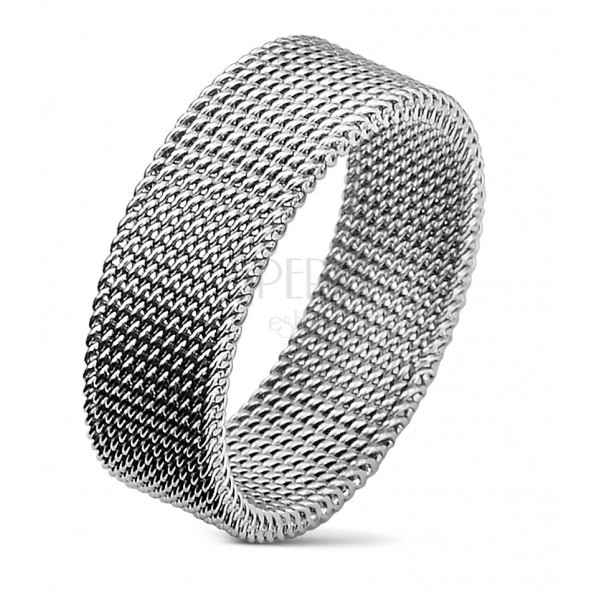 Steel ring of silver colour with extricated netted pattern