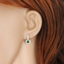 925 silver earrings, round dark green zircon with clear rim