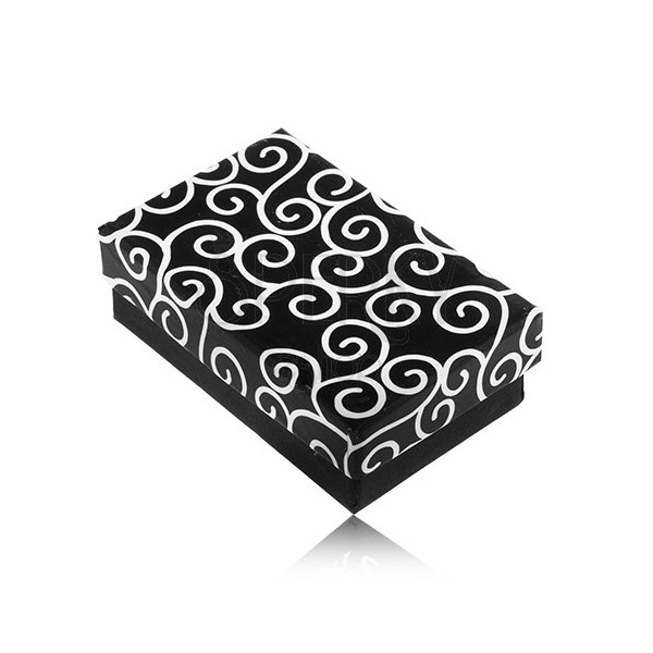 Oblong box for earrings and ring, black with white ornaments