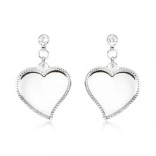 Steel earrings - asymmetrical hearts with decorated margin, clear stones