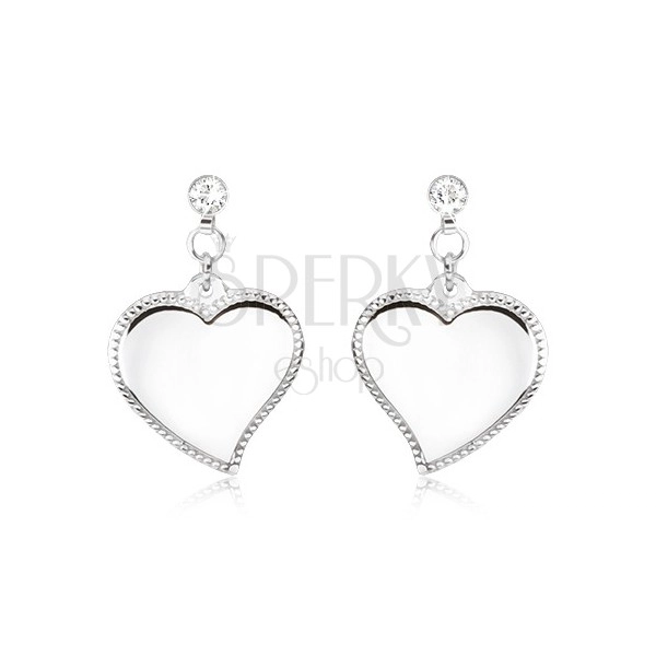Steel earrings - asymmetrical hearts with decorated margin, clear stones