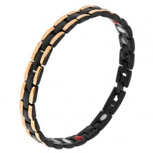 Black steel bracelet with snake-like pattern, peripheral stripes of gold colour, magnets