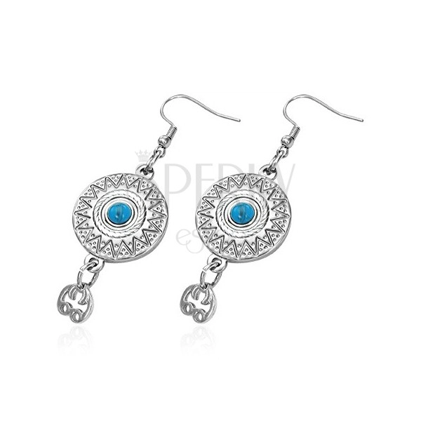 Earrings made of surgical steel, ethnic pattern with blue stone