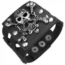 Black leather bracelet - pirate skull with cross bones and rose
