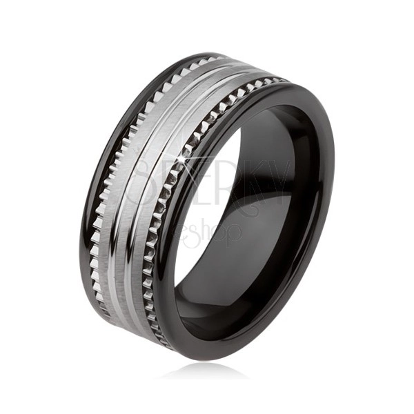 Tungsten ceramic black band with silver surface and strips