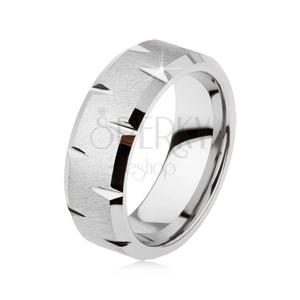 Tungsten ring with satin surface, delicate shiny notches along periphery