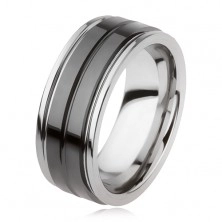 Tungsten ring with shiny black surface and groove, silver colour
