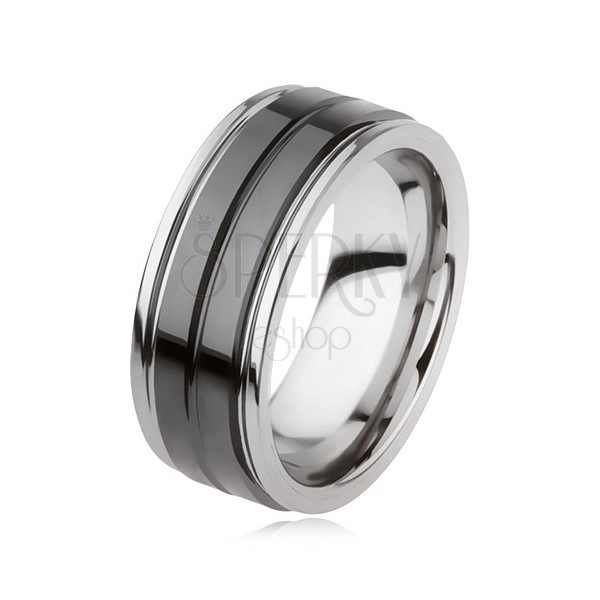Tungsten ring with shiny black surface and groove, silver colour