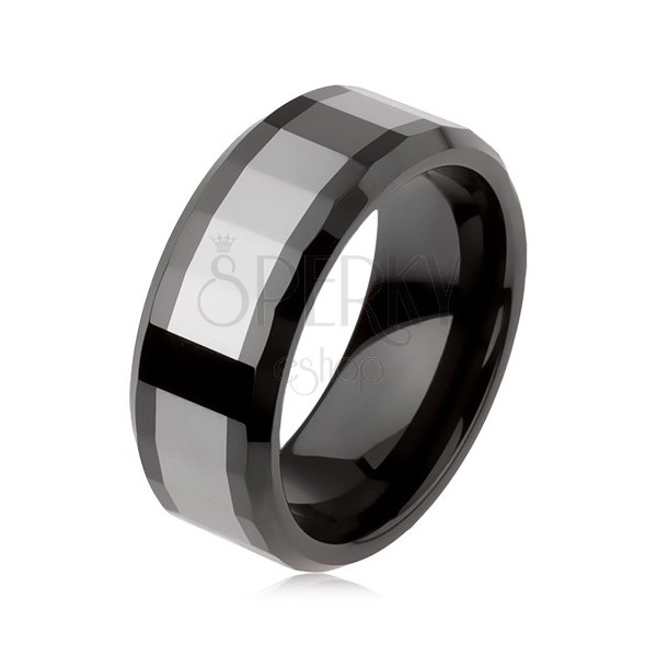 Shiny tungsten ring, two-tone, geometrically ground surface