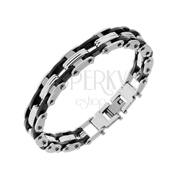 Bracelet made of stainless steel, multiple steel and black rubber parts