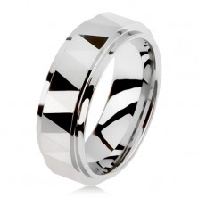 Ground tungsten ring in silver colour, triangles, raised middle strip