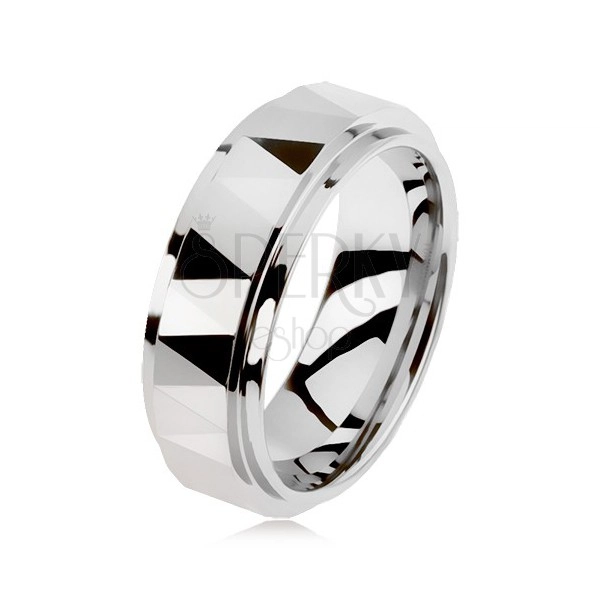 Ground tungsten ring in silver colour, triangles, raised middle strip