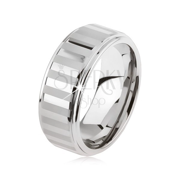 Tungsten ring in silver colour, shiny and matt stripes