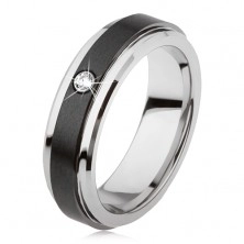 Tungsten ring in silver colour, black ceramic stripe, zircon