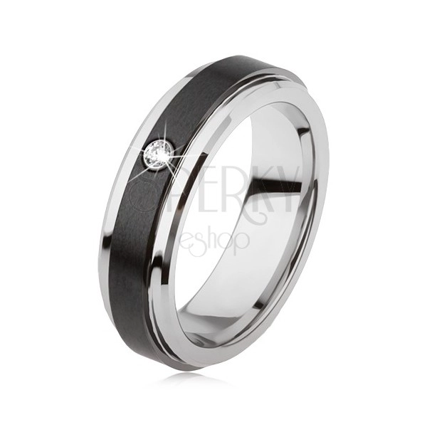 Tungsten ring in silver colour, black ceramic stripe, zircon
