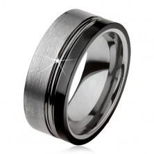 Tungsten ring, two notches, silver and black colour, shiny-matt surface
