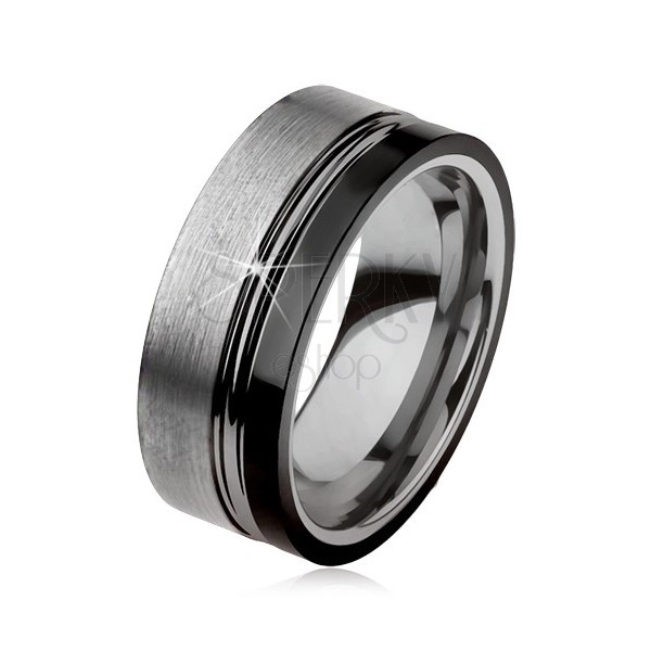 Tungsten ring, two notches, silver and black colour, shiny-matt surface