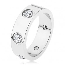 Steel wedding ring in silver colour, shiny, smooth, decorated with zircons