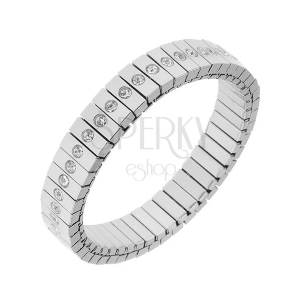 Stretchy bracelet made of steel in silver colour, rectangular links, clear zircons