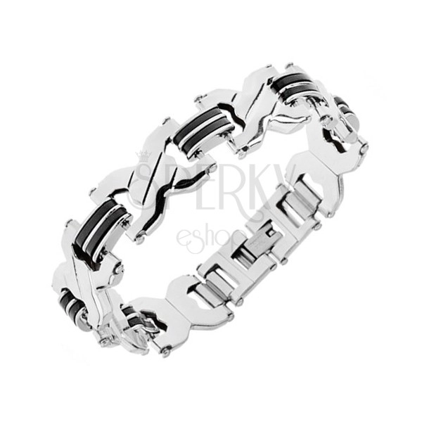 Bracelet made of surgical steel - shiny "X" links, rubber-steel joints