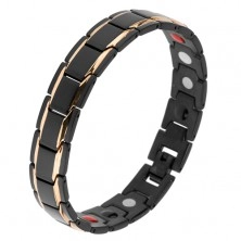 Matt steel bracelet, black "Y" links, shiny stripes in gold colour, magnets