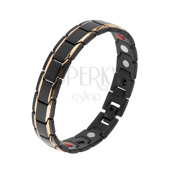 Matt steel bracelet, black "Y" links, shiny stripes in gold colour, magnets