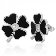 Earrings made of 316L steel, black glazed four-leaf clover for good luck